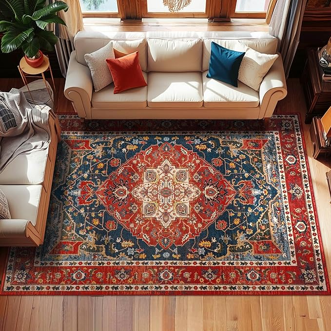 YJ.GWL Area Rugs for Living Room 8x10 Machine Washable Rugs, Non Slip Floral Vintage Rug Indoor Carpet, Stain Resistant Large Rug for Bedroom Dining Room, Orange-Red