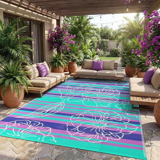 Garvee 10x14 Outdoor Waterproof Rug, Floral Outdoor Area Rug，Reversible Plastic Straw Patio Rug, Portable Camping Mat for RV, Picnic, Beach, Balcony, Garden & Camping Purple&Blue