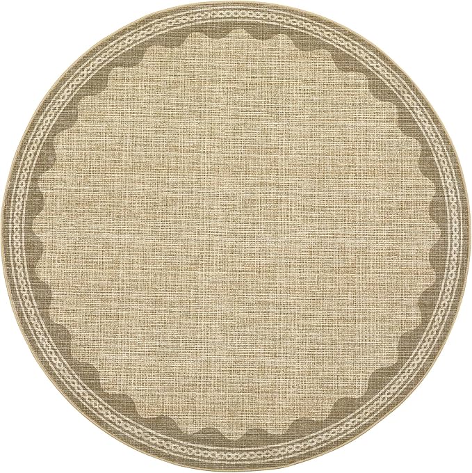 GarveeHome Scalloped Edge Circle Solid Tan Jute Digital Printing 5ft Round Rug Washable Non-Slip Soft Ultra-Thin Modern Carpet for Living Room Kitchen Bedroom Nursery Dining Room