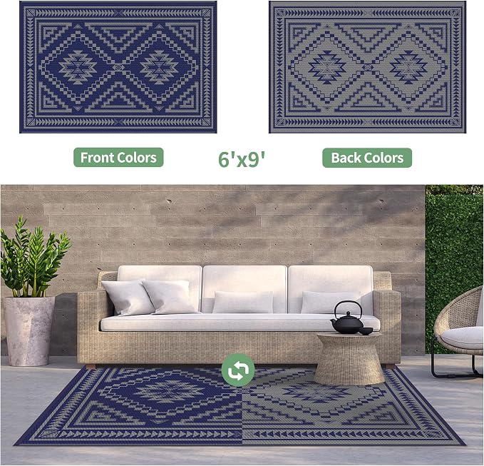 GENIMO Outdoor Rug for Patio Clearance - 6x9 ft Waterproof Plastic Camping Rugs, Reversible Outside Rv Mat Carpet for Porch, Deck, Picnic, Balcony, Beach, Backyard, Blue Grey