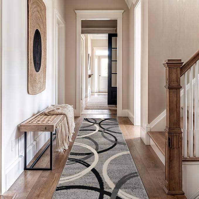 Rugshop Wavy Circles Jute Backing Living Room Runner Rug Gray 2'7" x 10' | Rectangular, Size 2'7" x 10', Bedroom, Dining Room, Home Office, Kitchen, Entryway, Hallway, Nursery, Kids Room, Guest Room