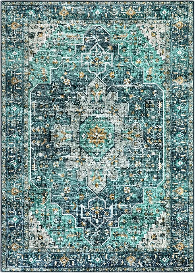 Moynesa Ultra-Thin Washable 10x14 Area Rugs for Living Room, Teal Large Living Room Rug Non Slip, Vintage Oriental Indoor Floor Carpet for Dining Room Table Dorm Home Office Decor