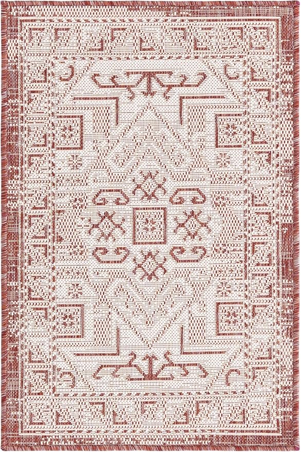 Unique Loom Outdoor Aztec Collection Area Rug - Coba (2' 2" x 3' 1" Rectangle, Rust Red/ Ivory)