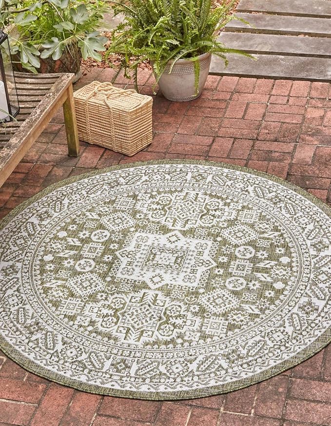Unique Loom Outdoor Aztec Collection Area Rug - Chalca (3' 3" Round, Green/ Ivory)