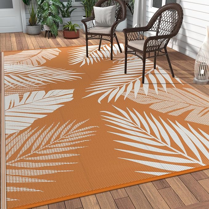 GENIMO Outdoor Rug 6' x 9' Waterproof for Patios Clearance, Reversible Outdoor Plastic Straw Camping Rug Carpet, Large Area Rugs Mats for RV, Camper, Deck, Balcony, Porch, Beach, Picnic, Orange&White