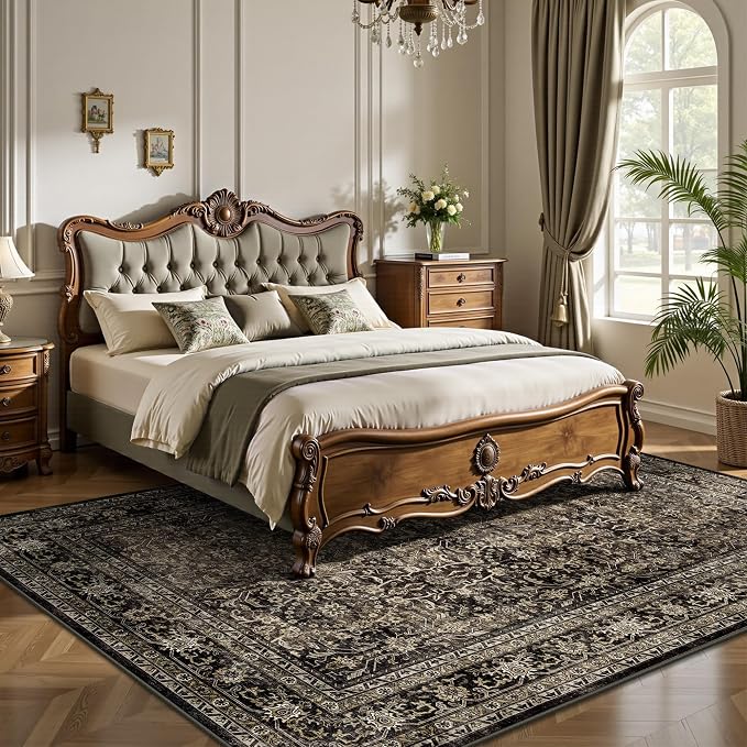 6x9 Area Rugs - Washable Vintage Retro Living Room Rug, Soft Ultra Thin Non Slip Low Pile Traditional Distressed Boho Carpet for Bedroom Dining Room Nursery Home Office, Brown