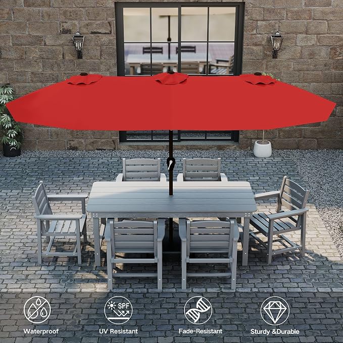 Kingdura 15ft Large Patio Umbrella with Solar Lights, Double-Sided Rectangle Lighted Outdoor Table Umbrella with Base Included, 12 Reinforced Ribs, 48 Led Lights, Crank Lift for Market Pool Deck Backyard, Red