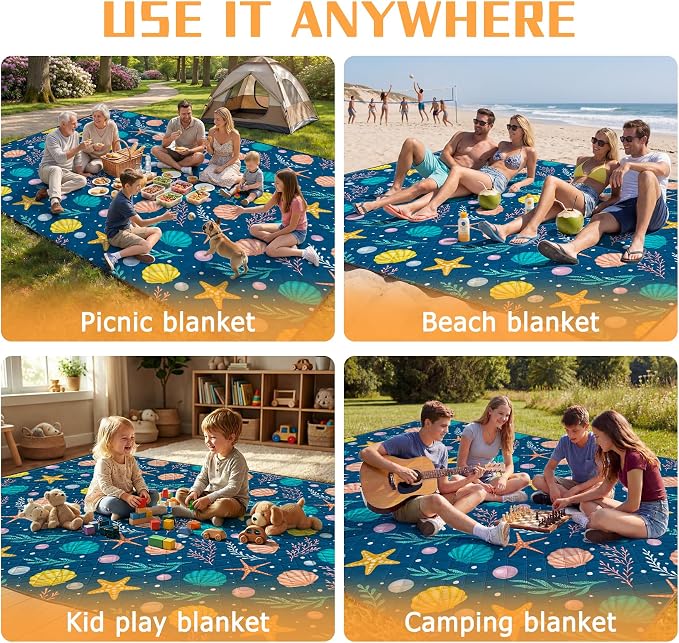 79" x 118" Picnic Blanket Extra Large,Waterproof Sandproof Foldable Outdoor Blanket Beach Blanket Ocean Picnic Mat for Camping,Lawn,Park(Shell)