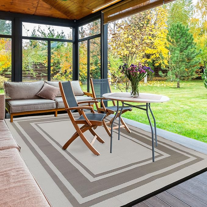 RURALITY Outdoor Rugs 5x8 for Patios Clearance,Waterproof Plastic Straw Mats for Porch,Deck,RV,Backyard,Balcony,Reversible,Recyclable,Easy to Clean,Modern Geometric