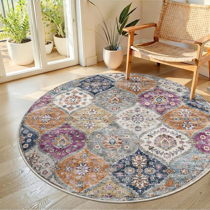 ROYHOME Washable Round Rug 4ft Moroccan Washable Area Rug, Purple/Grey | Stain Resistant Non-Slip Circle Rug Vintage Distressed Trellis Round Throw Carpet for Living Room Bedroom Kids Room Playroom