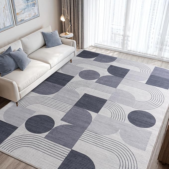 Soft Modern Geometric Abstract Machine Washable Large 6x9 Area Rug | Grey Rugs for Bedroom Living Room, Non-Shedding Faux Wool Indoor Throw Floor Carpet for Office Entryway Dining Room Decor