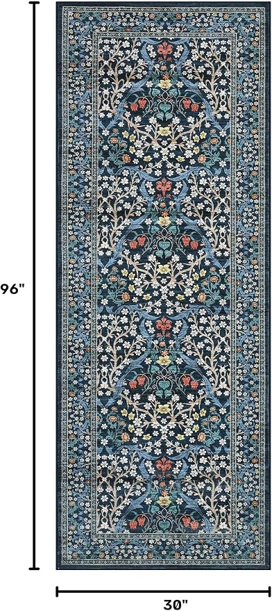GarveeHome Blue Floral 2.5x8 Washable Kitchen Runner Rug | Vintage Stain Resistant Rugs for Entryway Hallway Bedroom Bathroom Low-Pile Non-Slip Soft Botanical Boho Rug TPE Backing