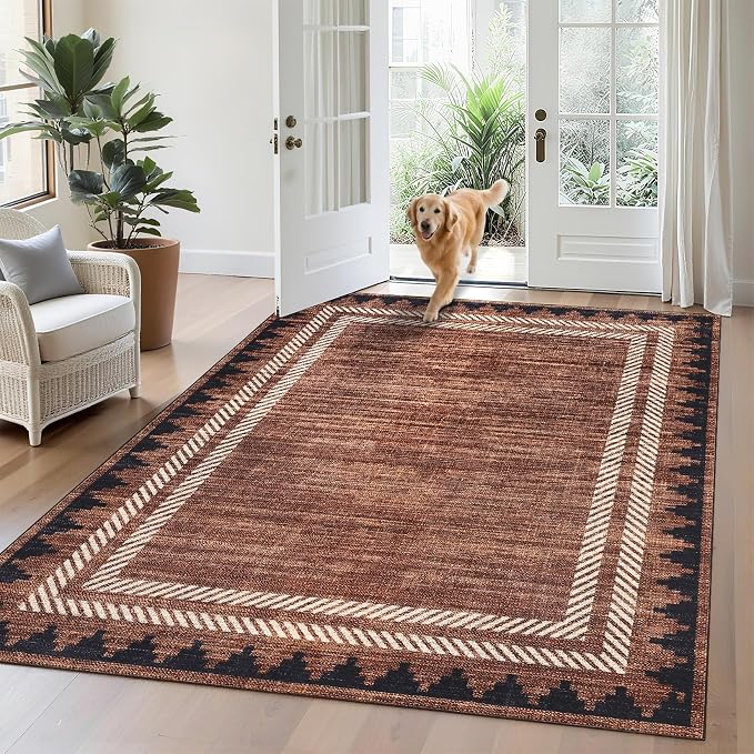 GarveeHome Washable Rugs 5x7 Christmas Rug Solid Bordered Geometric Xmas Rugs for Living Room, Modern Neutral Carpet Non Slip Soft Non Shedding Low Pile Throw Rug for Bedroom Dining Room