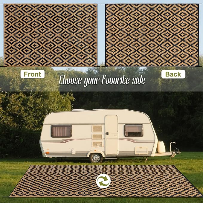 SAND MINE Reversible Mats, Plastic Straw Rug, Modern Area Rug, Large Floor Mat and Rug for Outdoors, RV, Patio, Backyard, Deck, Picnic, Beach, Trailer, Camping, Black & Brown, 10' x 14'