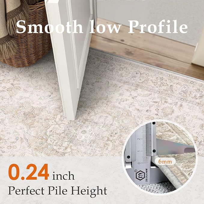 2x8 Runner Rug Hallway Vintage Beige Machine Washable Neutral Floral Low Pile Carpet Vacuumable Thin Long Throw Rug Bedroom Office Bathroom Kitchen Laundry Non Slip Soft Lightweight