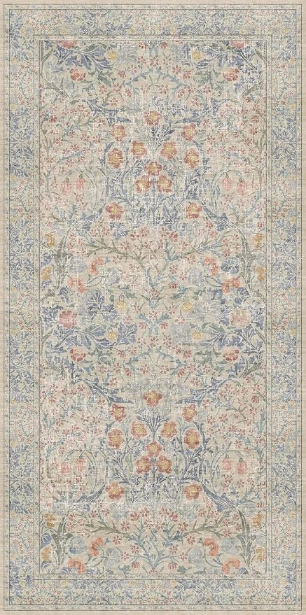 Large 3x6 Entryway Rug Indoor - Washable Non-Slip Low Pile Stain Resistance Ultra Soft Runner Rug for Large Kitchen, Bedroom Beside Bed - Vintage Floral Beige Blue Home Decor