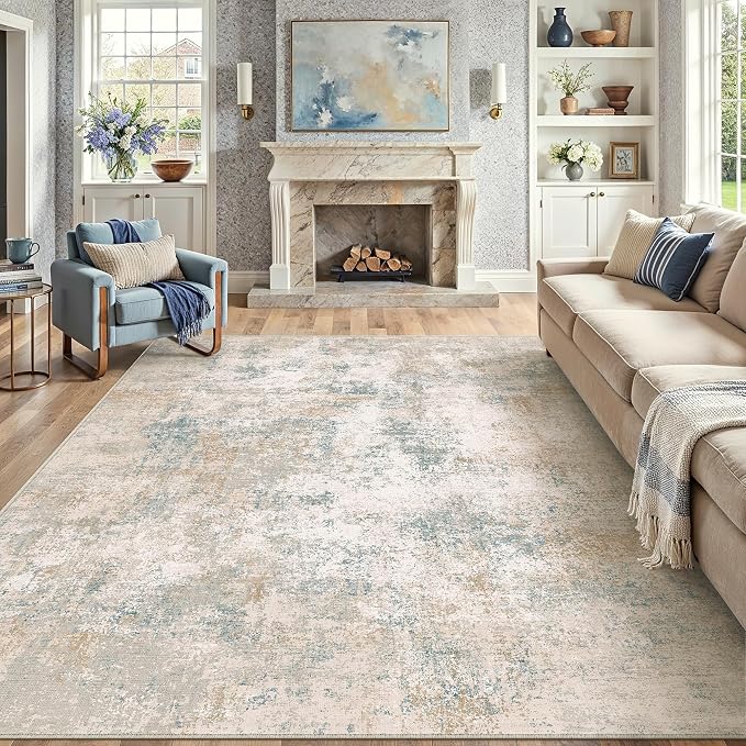 9x12 Beige Blue Modern Abstract Washable Area Rug for Living Room | Low Pile, Non Slip, Modern Abstract Style, Soft Large Area Rug for Living Room, Bedroom, Dining Room, Office, Home Decor