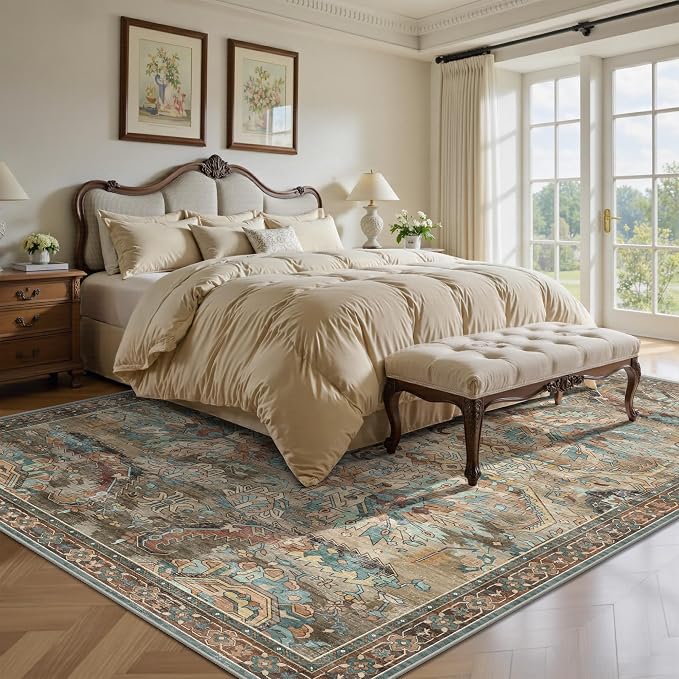 5x7 Area Rugs, Vintage Retro Soft Washable Rug, Non-Slip Low Pile Rugs for Living Room, Bedroom, Dining Room, Stain Resistant Home Decor Rug (Vintage Olive Green)