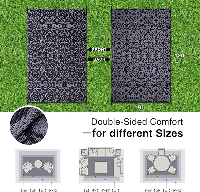 OLANLY Outdoor Rug Waterproof 9x12 ft Clearance, Reversible Outdoor Plastic Straw Rug with Floral Pattern, RV Mat for Patio, Camping, Balcony, Deck, Backyard, Black & Grey