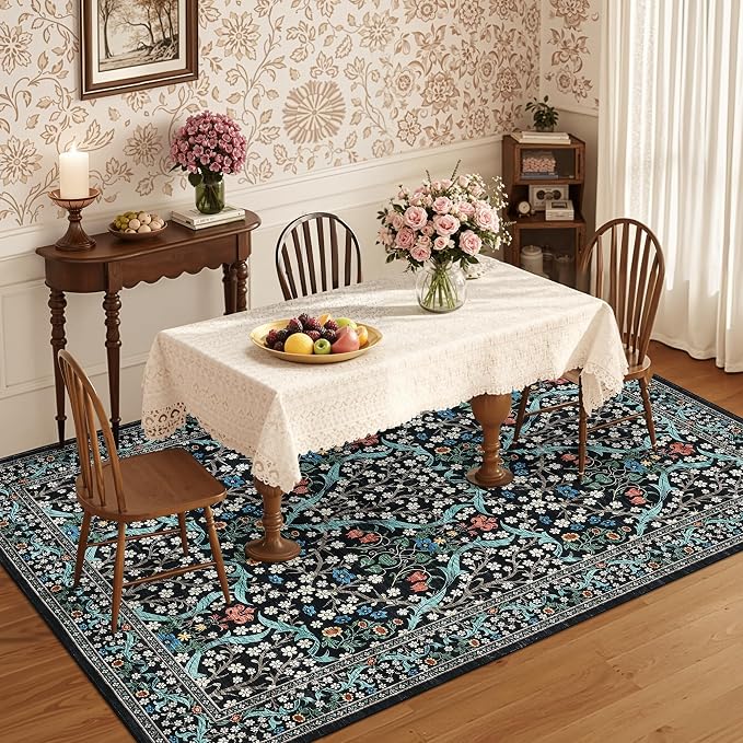 GarveeHome Floral Area Rugs 5x7, Washable Rug for Living Room, Bedroom, Low Pile Non Slip Stain Resistance Indoor Boho Carpet Mat for Farmhouse, Dining Room, Office, Black