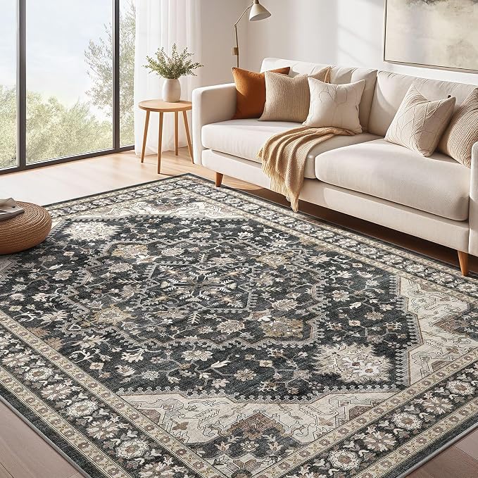 DTICON Vintage Washable 6x9 Area Rug Living Room Rugs, Black | Boho Distressed, Pet & Kid Friendly, Non-Slip Backing, Soft Polyester, Low-pile Carpet for Living Room, Bedroom, Dining Room