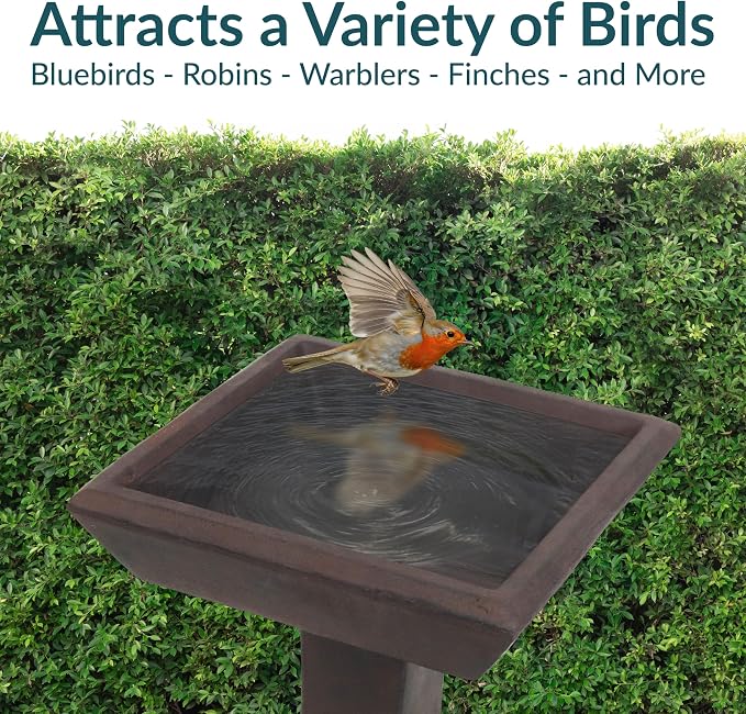 Sunnydaze 23” H Concrete Bird Bath for Outdoors - Simply Square Garden Bird Bath with Glass Fiber Reinforced Concrete Construction - Brown