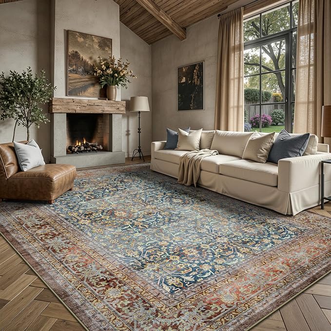 6x9 Area Rugs - Washable Vintage Retro Living Room Rug, Soft Ultra Thin Non Slip Low Pile Distressed Boho Traditional Carpet for Bedroom Dining Room Nursery Home Office, Rust Clay