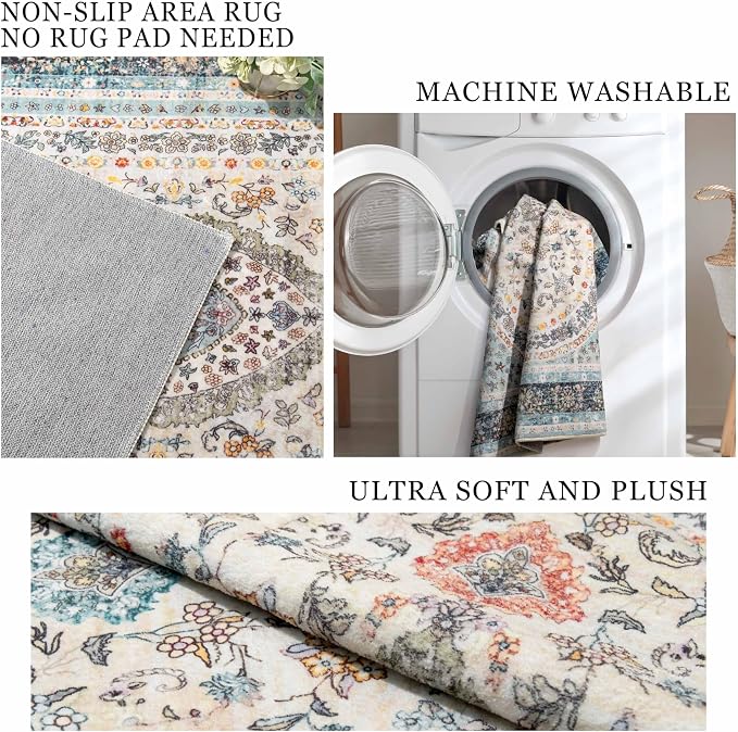 5x7 Area Rugs Washable,Blue Rug for Living Room Bedroom | Large Boho Vintage Bohemian Distressed Oriental Carpet Non Slip,Floral