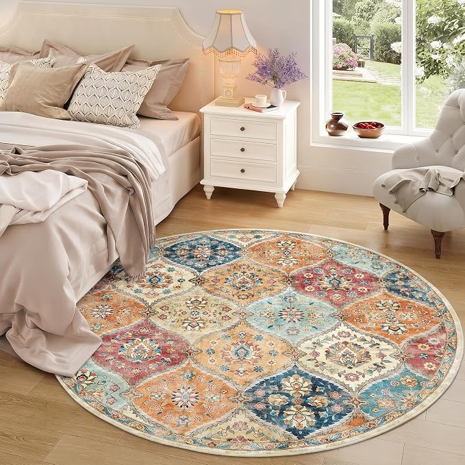 ROYHOME Washable Round Rug 5ft Moroccan Trellis Washable Area Rug, Cream | Stain Resistant Non-Slip Circle Rug Vintage Distressed Round Throw Carpet for Living Room Bedroom Kids Room Playroom
