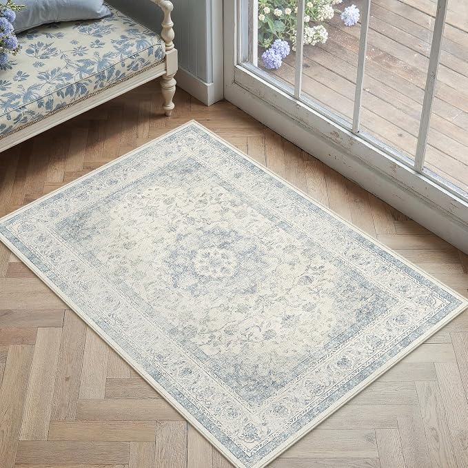2x3 Blue Washable Area Rug Non Slip Vintage Carpet | Low Pile, Stain Resistant, Living Room, Kitchen, Bedroom, Entryway, Nursery, Laundry Room, Hallway, Soft, Thin, Lightweight