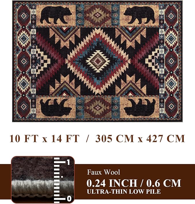 YIHOUSE Rustic Cabin Area Rug 10x14, Lodge Wildlife Bear Washable Large Area Rug, Southwestern Rustic Rugs for Living Room