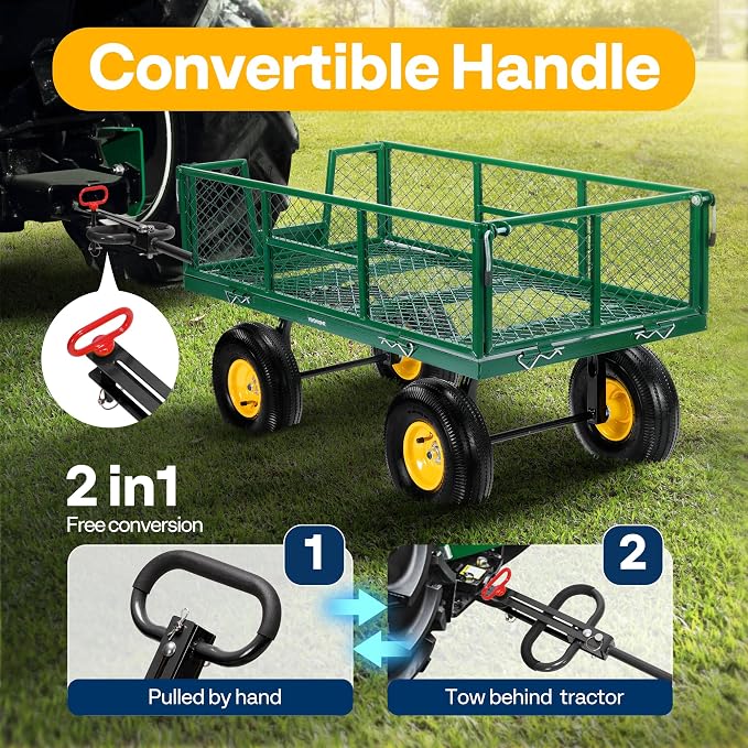 VIVOHOME Steel Garden Cart Heavy Duty 900 LBS 4.5 Cu Ft Utility Wagon | Removable Sides, 10 inch Tire and Handle Attach to ATV or Tractor Green