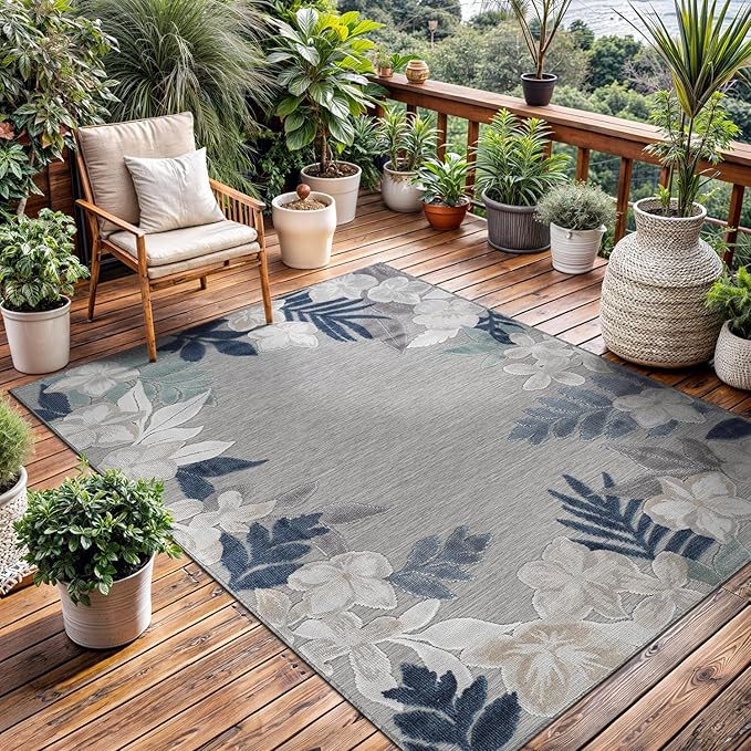 Outdoor Rug 9x12 Washable Area Rugs Indoor Outdoor Carpets Blue Border Floral Non Shedding Waterproof Easy Clean Patio Deck Porch Living Room Bedroom Garden RV (9 X 12 Blue)