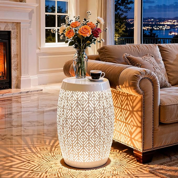 18" Cutout Metal LED Outdoor Side Table, Modern Drum Accent Table | Versatile Decorative Table with 3-Mode LED Lights,Use as Coffee Table, Garden Stool, Nightstand for Patio, Living Room