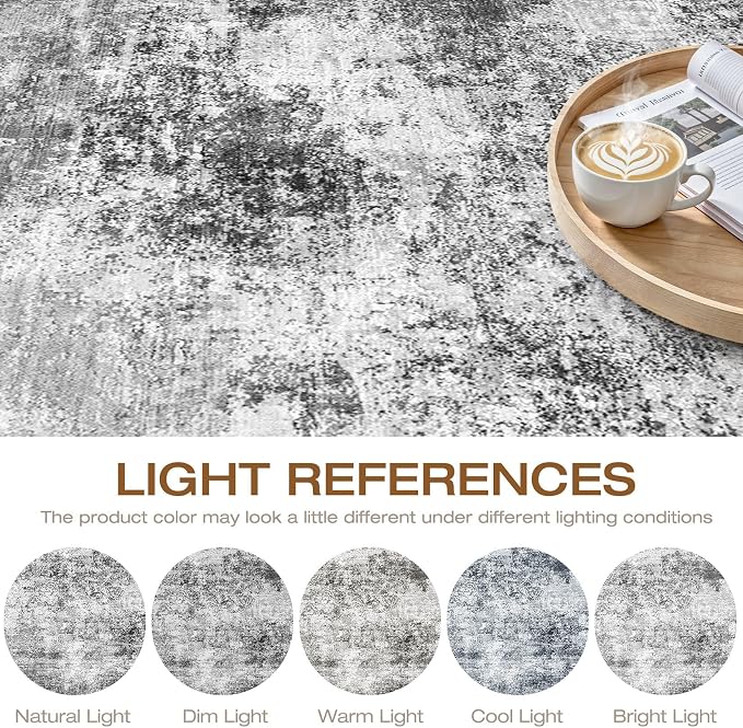 LOONGRUG Round Rug 8x8 Washable Neutral Modern Living Room Rug Black Gray | Circle Large Abstract Soft Stain Resistant Indoor Non-Slip Carpet for Bedroom Nursery Kids Office Playroom Dining Room