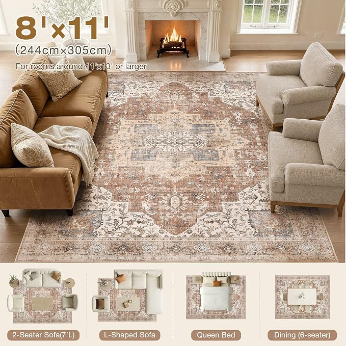 DTICON Vintage Washable 8x11 Area Rug Living Room Rugs, Brick Red | Boho Distressed, Pet & Kid Friendly, Non-Slip Backing, Soft Polyester, Low-pile Carpet for Living Room, Bedroom, Dining Room
