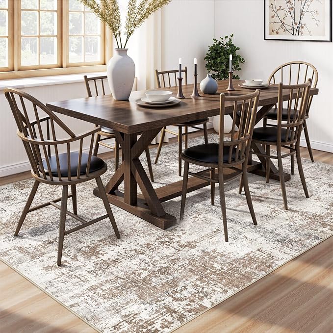 UERMEI 7x9 Area Rug Living Room Rugs - Washable Neutral Modern Abstract Soft Thin Rug Indoor Floor No Slip Rug Carpet for Bedroom Under Dining Table Home Office Decor - Brown/Grey/Red