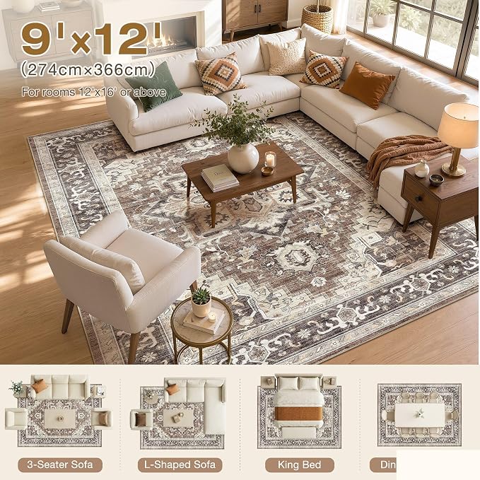 DTICON Vintage Washable 9x12 Area Rug Living Room Rugs, Dark Brown | Boho Distressed, Pet & Kid Friendly, Non-Slip Backing, Soft Polyester, Low-pile Carpet for Living Room, Bedroom, Dining Room