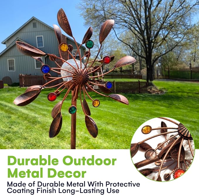 75-Inch Wind Spinners Jewel Cup - Solar-Powered with Multi-Color LED Glass Ball - Metal Kinetic Windmill for Dual Wind Direction - Easy to Assemble Garden and Outdoor Yard Decorations