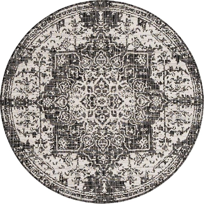 Unique Loom Jill Zarin Outdoor Collection Area Rug - Dubai (4' 1' Round, Charcoal Gray/ Ivory)