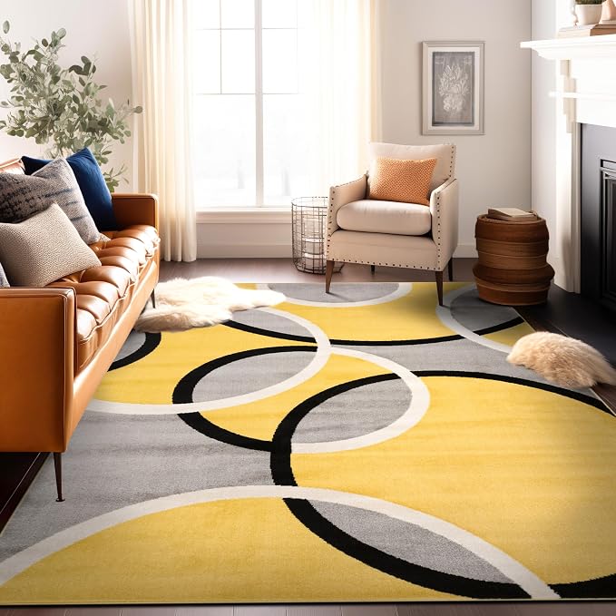 Rugshop Abstract Circles Contemporary Area Rug Yellow 7'10" x 10'2" | Fade-Resistant, Rectangular, Size 7'10" x 10'2", Living Room, Bedroom, Dining Room, Home Office, Kitchen, Entryway, Hallway