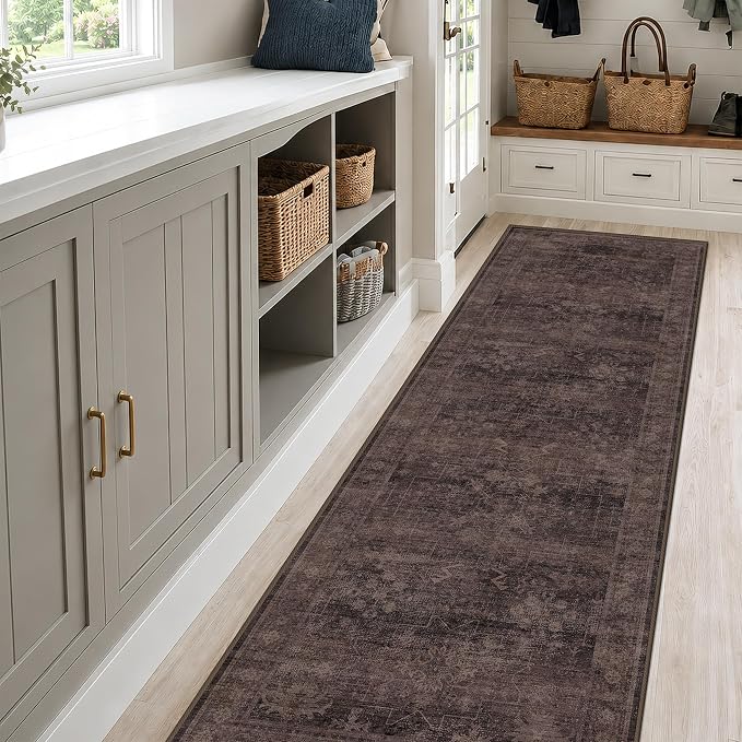 Washable 2'6"x8' Runner Rug for Hallway, Kitchen & Entryway, Dark Taupe Brown Long Runner Carpet, Low Pile Non-Slip, Traditional Vintage Distressed Geometric Design, Stain Resistant, Easy Clean