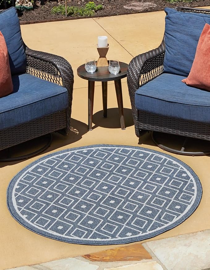 Unique Loom Outdoor Trellis Collection Area Rug - Kafes (4' 1" Round, Navy Blue/ Ivory)