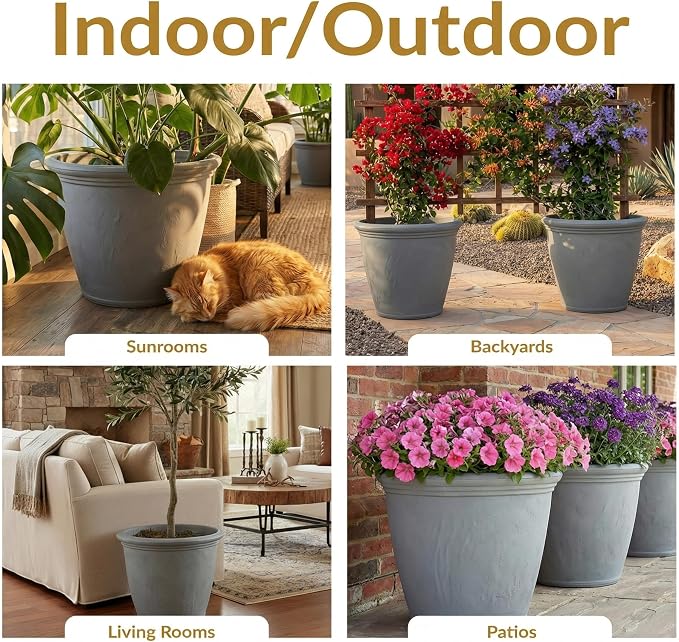 Sunnydaze 24-Inch Anjelica Large Plastic Pot for Plants - Outdoor Double-Walled Large Plastic Planter with Drillable Drainage Holes - Light Gray - 4pk