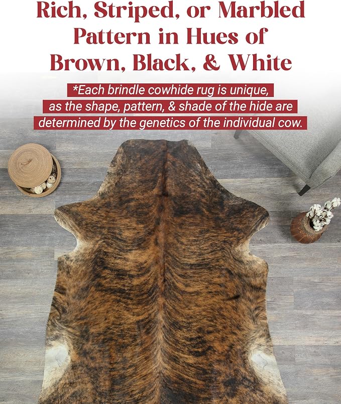 HIDES BAZAAR Exotic Brindle Cowhide Rug 6x7 ft, Real Hair on Hide Area Rug | Exotic black, brown and white brindle mix. Genuine hair on hide tanned soft, cow skin statement piece for any room