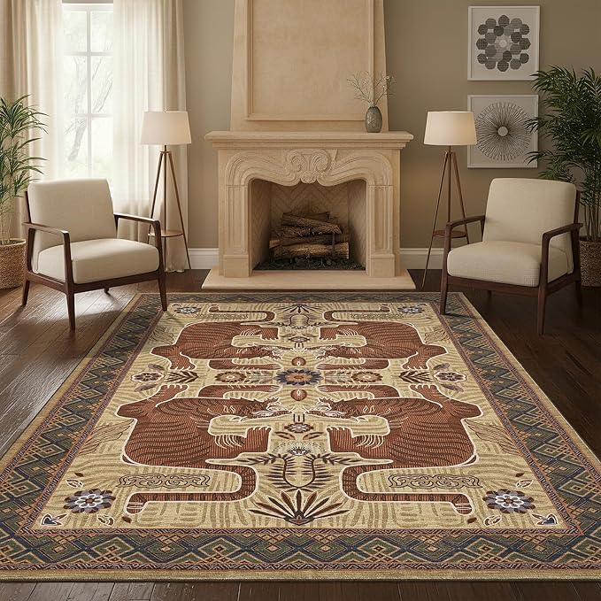 GarveeHome Large Tiger 9x12 Area Rugs Boho Washable Vintage Living Room Rug | Non Slip Brown Rugs for Bedroom, Tribal Soft Animal Print Throw Rug Ultra Thin Stain Resistant Floor Carpet for Office