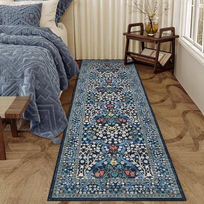 GarveeHome Blue Floral 2.5x8 Washable Kitchen Runner Rug | Vintage Stain Resistant Rugs for Entryway Hallway Bedroom Bathroom Low-Pile Non-Slip Soft Botanical Boho Rug TPE Backing
