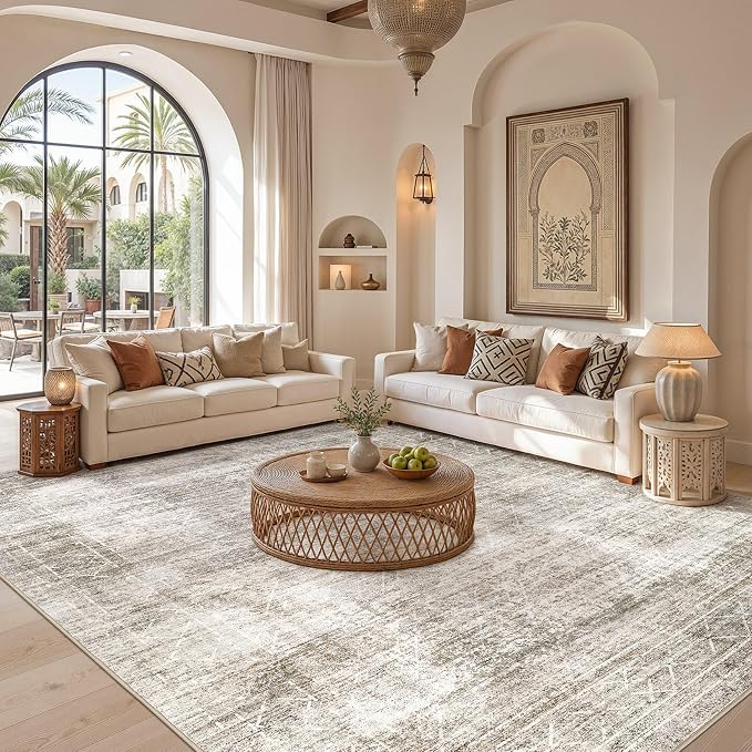 cotiled Boho 10x14 Area Rugs for Living Room: Large Moroccan Washable Rug | Solve Modern Neutral Trendy Home Decor - Stain Resistan Carpet for Bedroom Farmhouse Dining Room Brown Grey