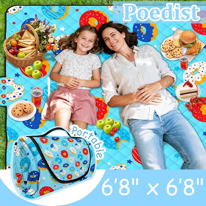 Poedist Extra Large Picnic Blanket Waterproof,80"x 80"Foldable Machine Washable Beach Blanket,Outdoor Blanket for 6-8 Adults, for Indoor Crawling,Park Beach,Camping,Hiking,Family Travel(Doughnut)