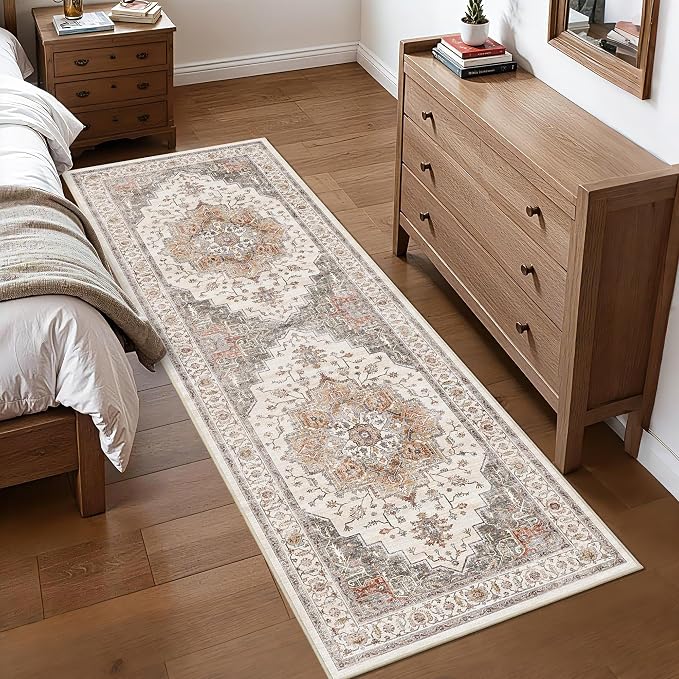 2’6″x 8’ Vintage Runner Rug Low Pile Non-Slip Washable Runners | Retro Distressed Print Rug Orange Gray Carpet Stain Resistant Non-Shedding Long Rug for Hallway Kitchen Bedroom Laundry Room